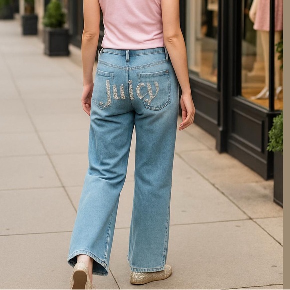 90s JUICY COUTURE WIDE LEG JEANS DISTRESSED DENIM W RHINESTONE JUICY  BUTT SZ M - Picture 1 of 7